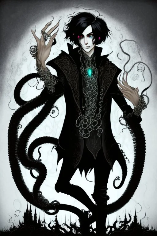 black haired young man necromancer wizard with gothic jewelry and tentacle fingers in the style of H. R. Geiger