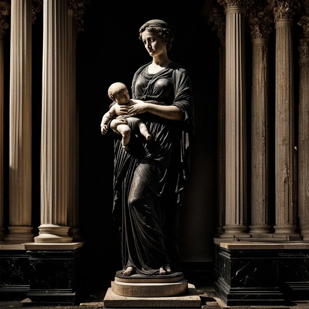 A large black marble statue of a woman holding a baby in her arms, standing among the remains of fallen columns of a Corinthian temple, a very detailed sculpture