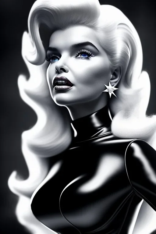 portrait of jayne mansfield as evil queen in black leather gown, leather, angry, stern look, volumetric lighting, particales,highly detailed,cinematic, deep colours,8