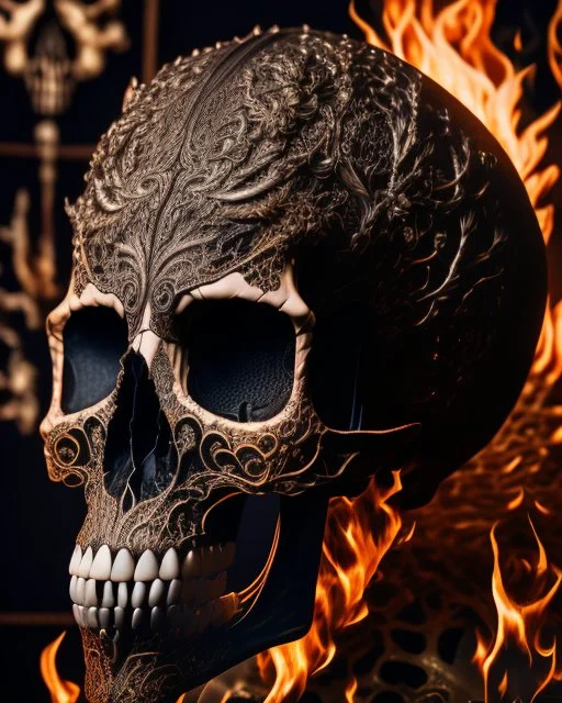 A beautiful highly detailed ornate intricate portrait of a flaming demon skull made of shiny obsidian glass :: reflective, glassy :: subtractive lighting, backlit :: by John William Waterhouse, Greg Rutkowski, HR Giger :: hyperrealistic, hyper detailed, photorealistic :: epic, incredible composition, amazing depth, meticulously composed, 16k resolution concept art :: fantasy magazine cover art