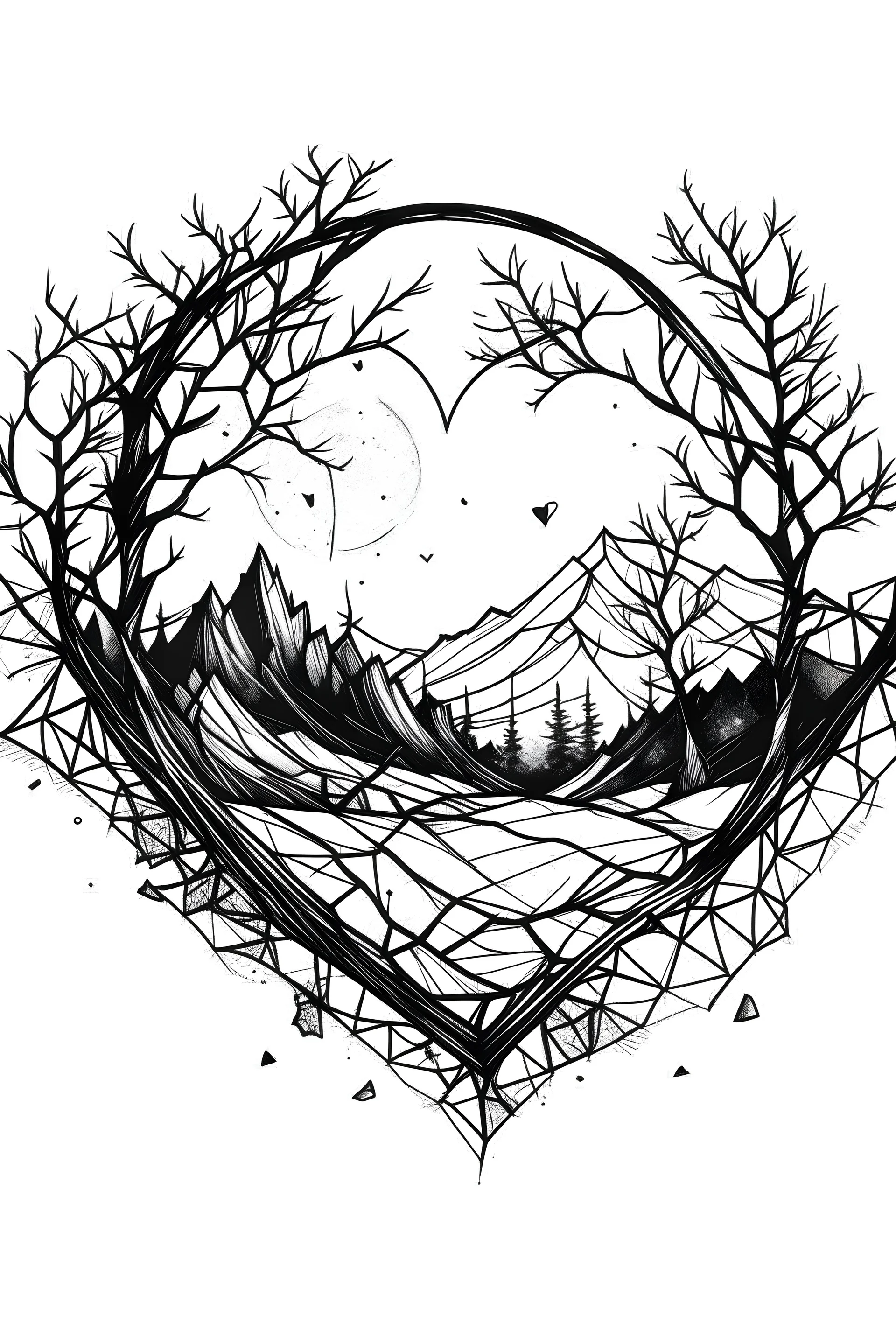 Generate an illustration, outline art , sketch style, mandala style, clean line art, White background, depicting a desolate landscape with a prominently featured broken heart at its center. Convey a sense of emotional pain and solitude through the surroundings. The broken heart should be positioned as a focal point, surrounded by a barren and melancholic environment, no shadows, clear and well outlined