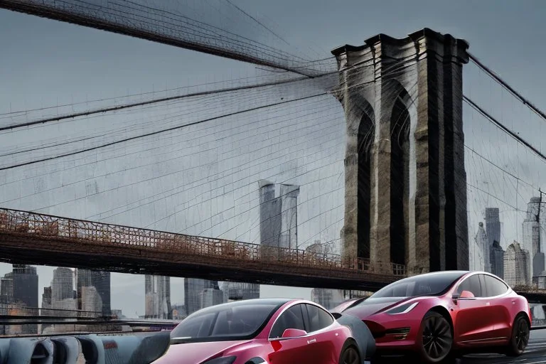 A Tesla's 'Model 3' is parked, on the 'Brooklyn Bridge' in New York. CINEMATIC. WIDE ANGLE LENS. PHOTO REAL.