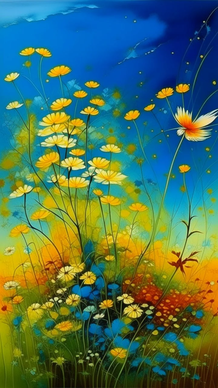 a smear . Field of wild a colorful flowers watercolor drawing on a blue splash colors background with a beautiful white butterfly