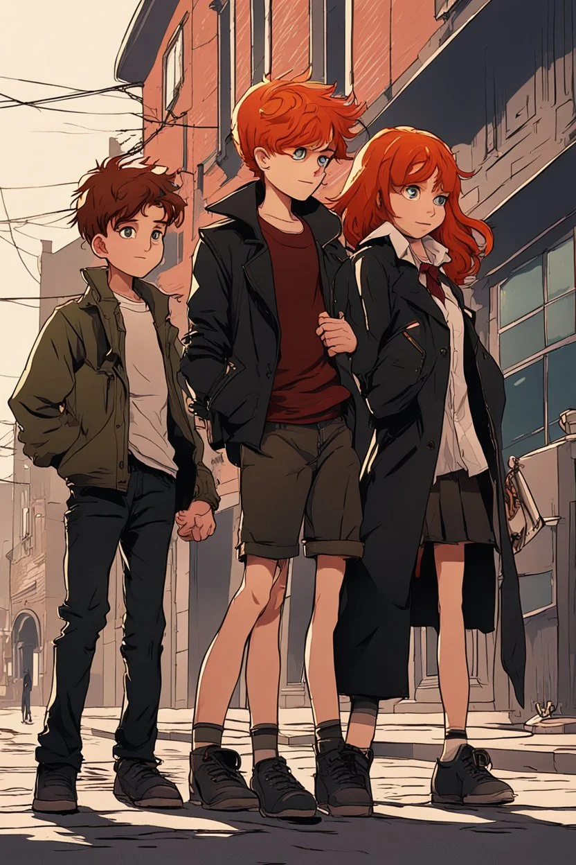 two boys with ginger hair plus a teenage punk girl with dark hair are standing in characteristic book cover-style poses. The big black cat walk with them. They are young amateur detectives. The town street in the background, a mysterious atmosphere