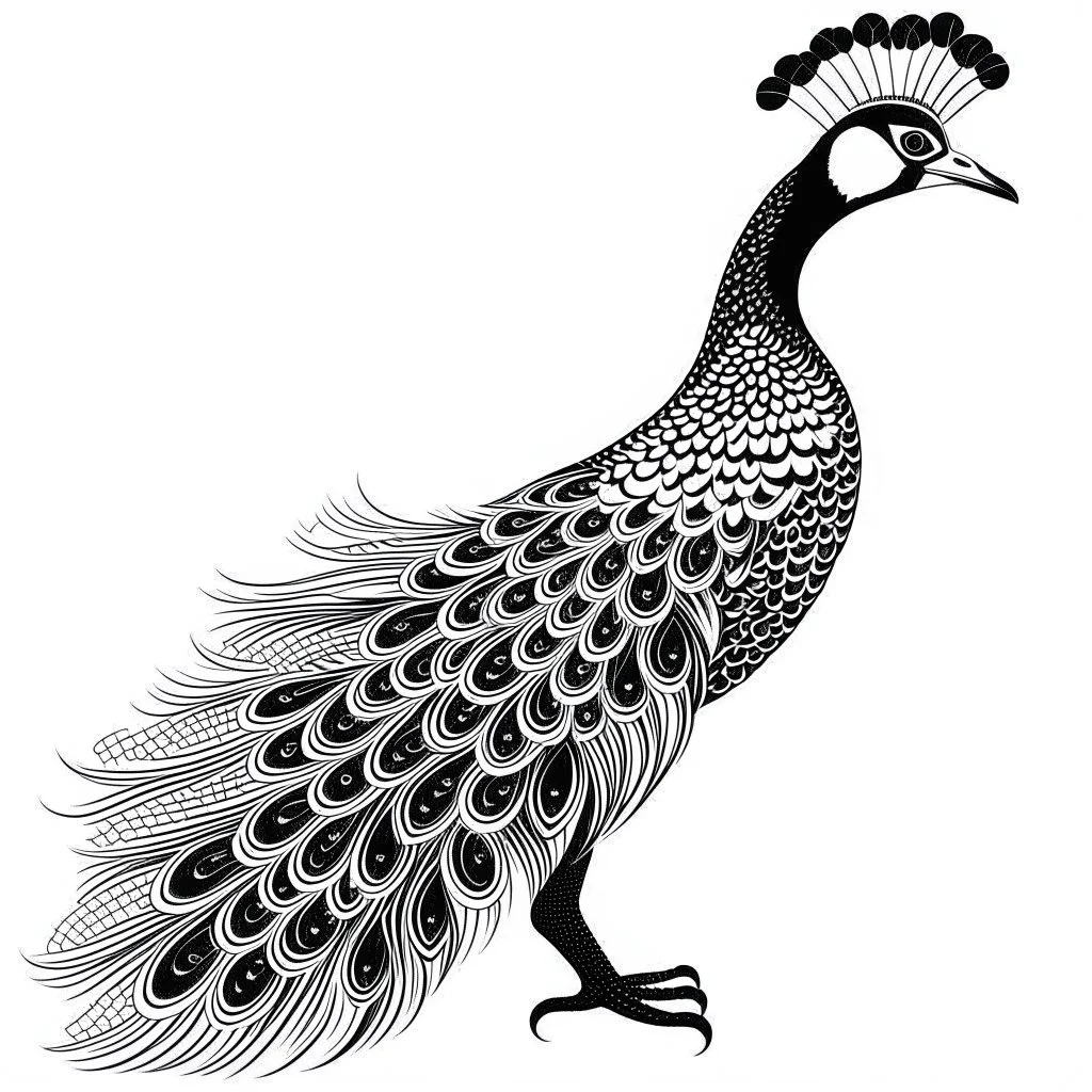 white, A peacock in flight, vector, white background, outline, with images neatly contained within the background, just black and white color, full body, no color. Front view.