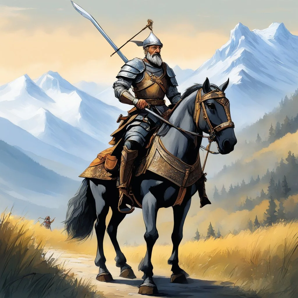 Don Quixote, clad in his worn armor, embarks on a journey towards the majestic Alps. As they traverse the rugged terrain, Don Quixote brandishes his tourney lance with a sense of noble purpose, ready to conquer imaginary giants and vanquish unseen foes.