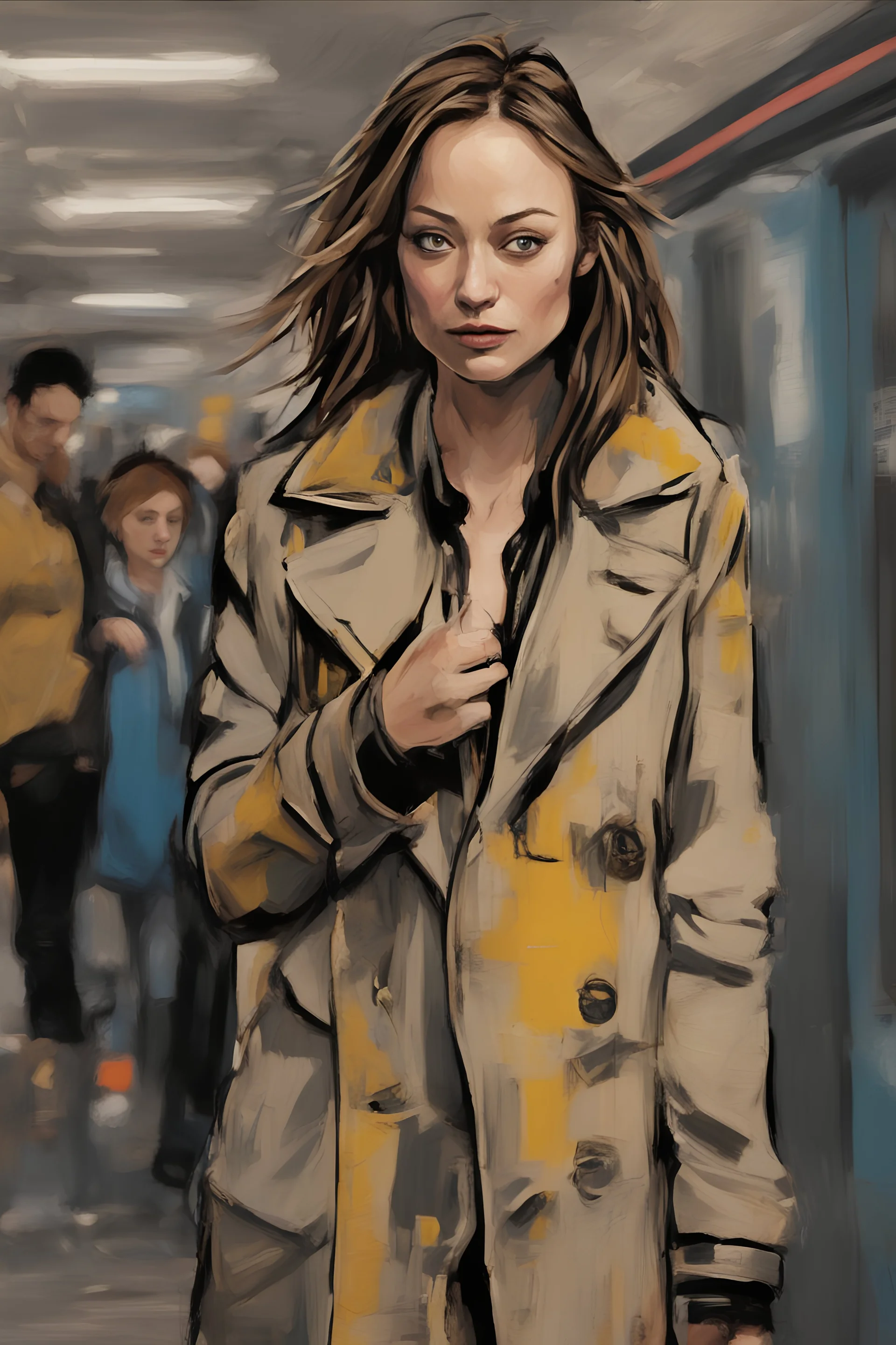 Olivia Wilde of lovely bombshells walk in themetro station", Jean-Michel Basquiat style, dark expressionism style,highest quality gorgeous ultra sharp 8k uhd smooth sharp focus highly detailed society artstation hq behance hd trending on art forum