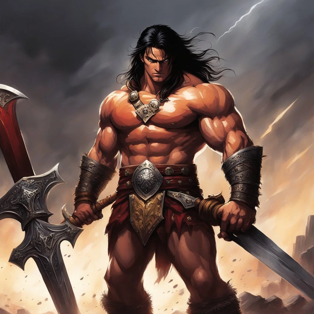 . His muscular form is defined by years of battle, and his chiseled features bear the scars of countless encounters. In his hands, Conan wields a warhammer, its weight seemingly insignificant within his mighty grasp. The weapon gleams in the sunlight, a testament to the countless foes it has crushed under its devastating blows. With every sinewy muscle flexed, Conan exudes an aura of raw power and indomitable strength.