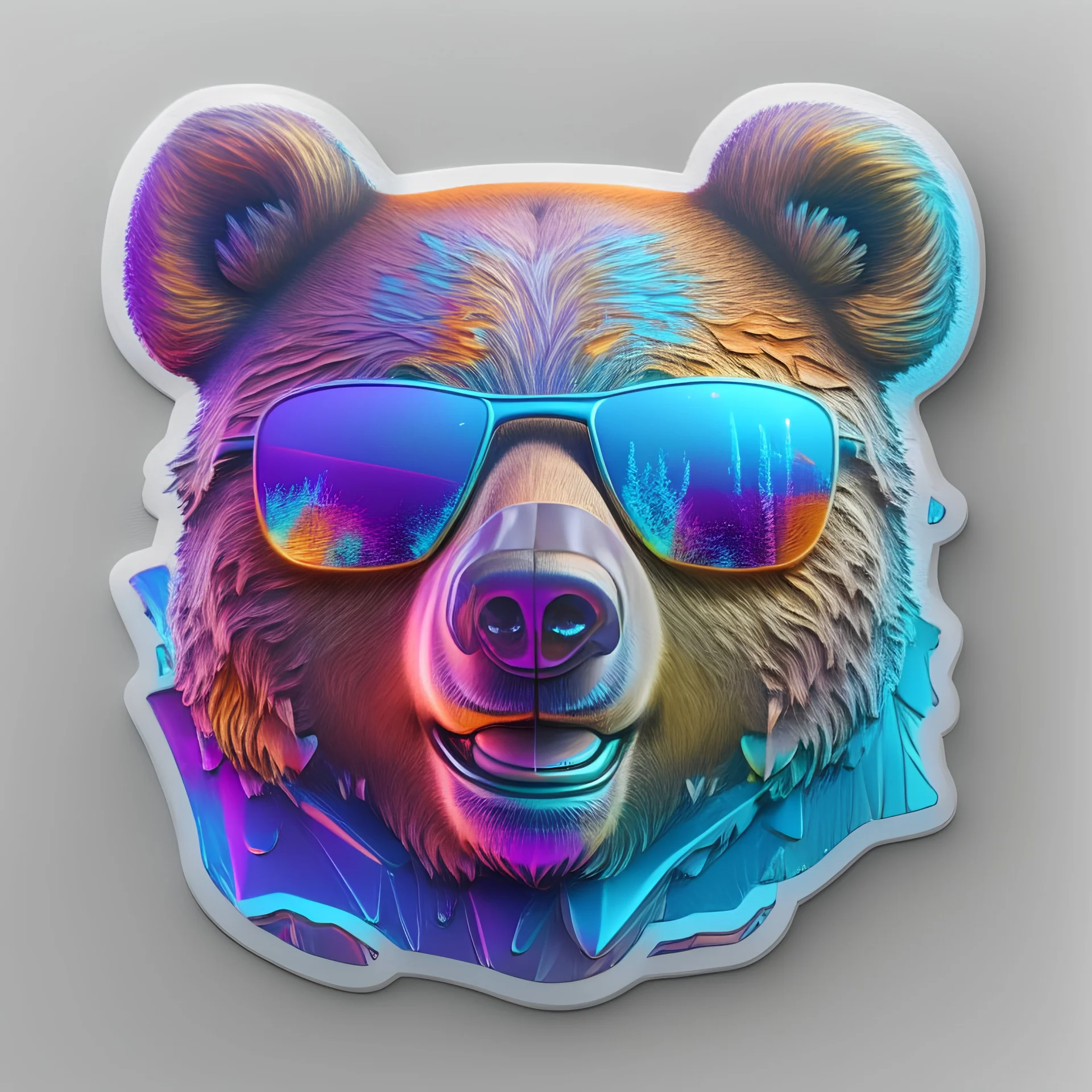 sticker on white background, 3d Head of a Bear with sunglasses, psychedelic, octane render, unreal engine 5, DMT art, funny, smiling