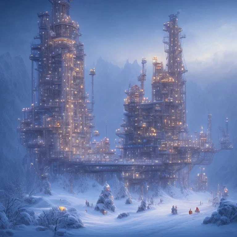 dwarves building a oil platform in winter landscape