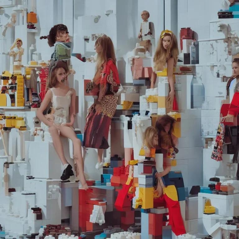 realistic photoshooting for a new balenciaga lookbook, beautiful young models, colorful makeup, set design made of lego blocks, in style of wes anderson, ultra high resolution, 8k