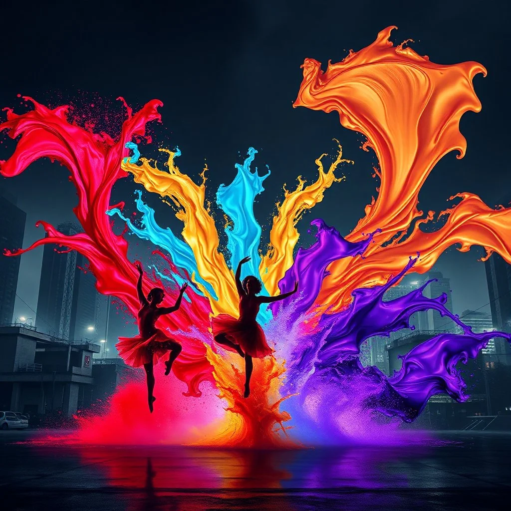 A striking digital composition features dancers melting into spectacular waterfalls of vivid crimson red, electric cyan, radiant gold, and deep violet paint that surge across the frame. The human silhouettes completely dissolve into flowing liquid color against a stark cityscape of concrete buildings and industrial structures under a dark night sky. The explosive paint streams create dramatic arcs and spirals that contrast intensely with the geometric urban environment. High-contrast lighting am