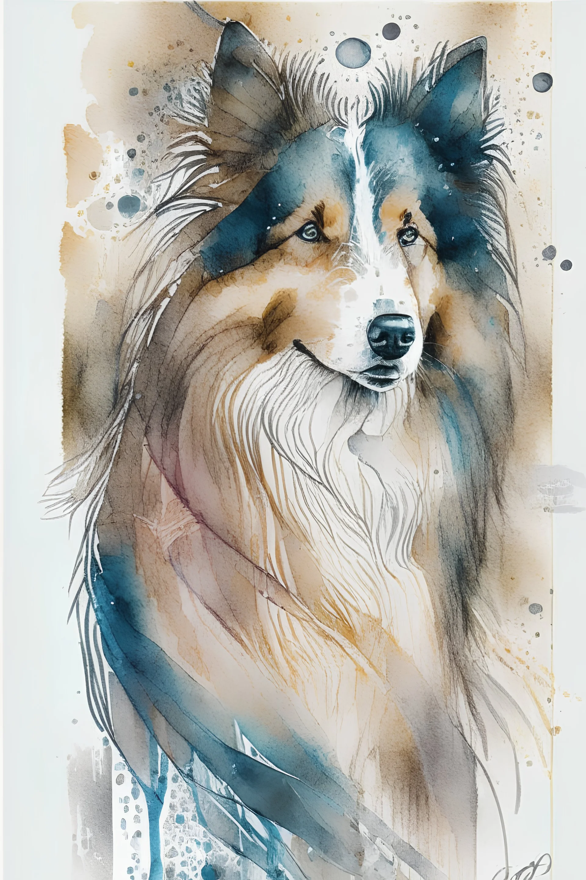 Abstract wet watercolour of a rough collie, ink lines, interlinked circles, detailed,focus on eyes, watercolour paper neg . Closed eyes