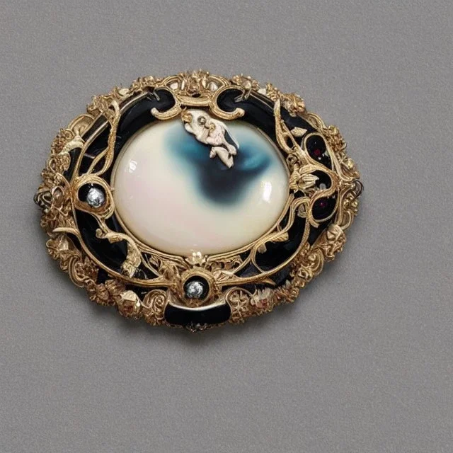 rose ivory brooch with black pearl inlay, opalescent marble carving, decorative design, classical ornament, highly ornate, highly intricate, highly detailed etching, marble carving, warm lighting