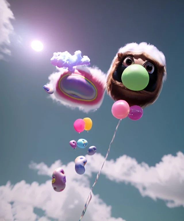 Ultra realistic speed clouds sky scene, wide angle view, sweet childs falling down, inflatable color clothing, free jumping flying, many trinkets, monster head, hair monster, many jelly beans, balls, smile, happy, circus style, extreme, wind, clouds sea, 20,000 feet altitude, stratosphere, soft color, highly detailed, unreal engine 5, ray tracing, RTX, lumen lighting, ultra detail, volumetric lighting, 3d, finely drawn, high definition, high resolution.