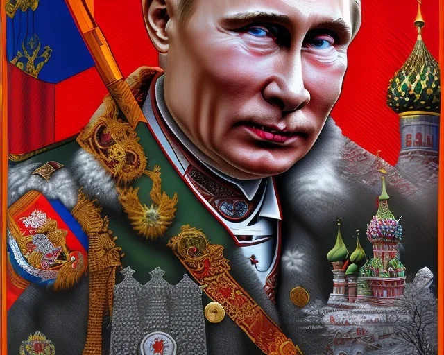 Russia president satan Vladimir Putin, evil fangs, atomic bomb