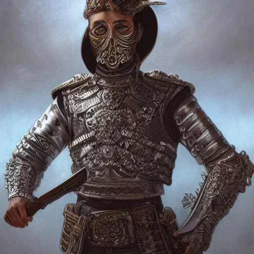 portrait,"Insanely detailed photograph of an armored mariachi warrior with sword", intricate chainmail charo,large Sombrero,elegant, detailed D20 flair, digital painting, artstation, concept art, smooth, sharp focus, illustration, art by artgerm and greg rutkowski and alphonse mucha, 8 k