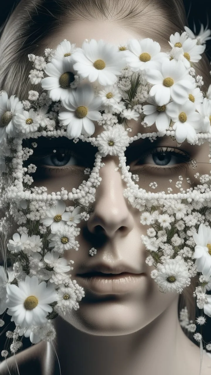 A beautiful face of a woman made out of many smal white flowers, her eyes are covered with a white sunglasses