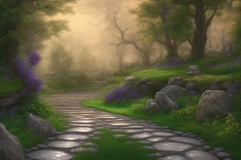  winding stone path lit river