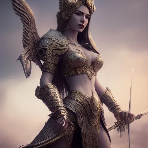 badass female goddess of war, very beautiful figure,tilt shift blur, wearing detailed,armor,object shadow,extraordinary, sharp focus,macro lens,intricate filigree metal design, full body portrait, cinematic, unreal engine 5, 8k, hyper realistic. Volumetric lighting, unreal engine 5 ,hyper elegant,hyperphotorealistic, epic composition,bokeh, cinematic lighting, hyperphotomaximalist, masterpiece,epic composition, motion blur. Glim lighting