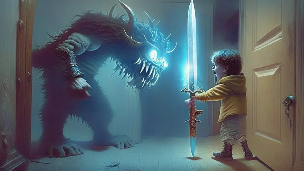 child disbands evil monster that came out of his closet with a magical sword