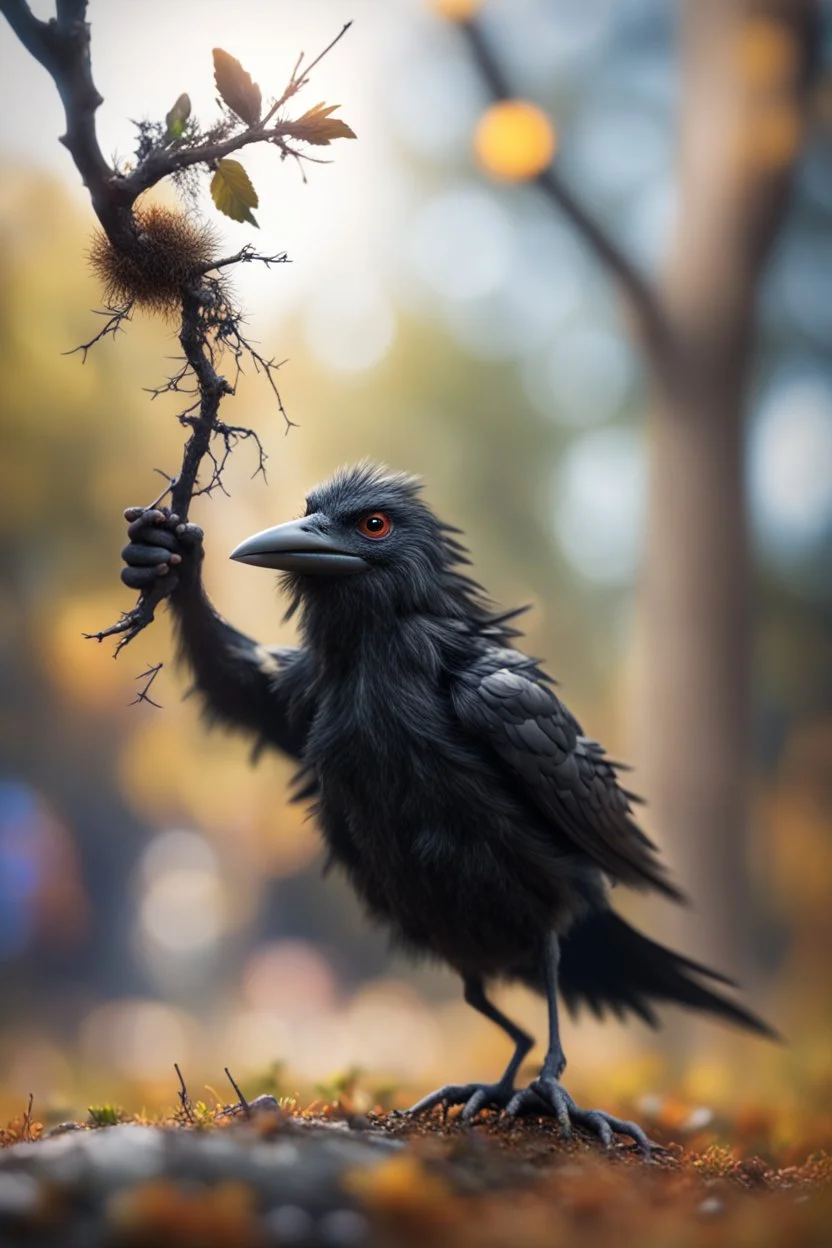 twig troll catching upside down crow with glue,bokeh like f/0.8, tilt-shift lens 8k, high detail, smooth render, down-light, unreal engine, prize winning