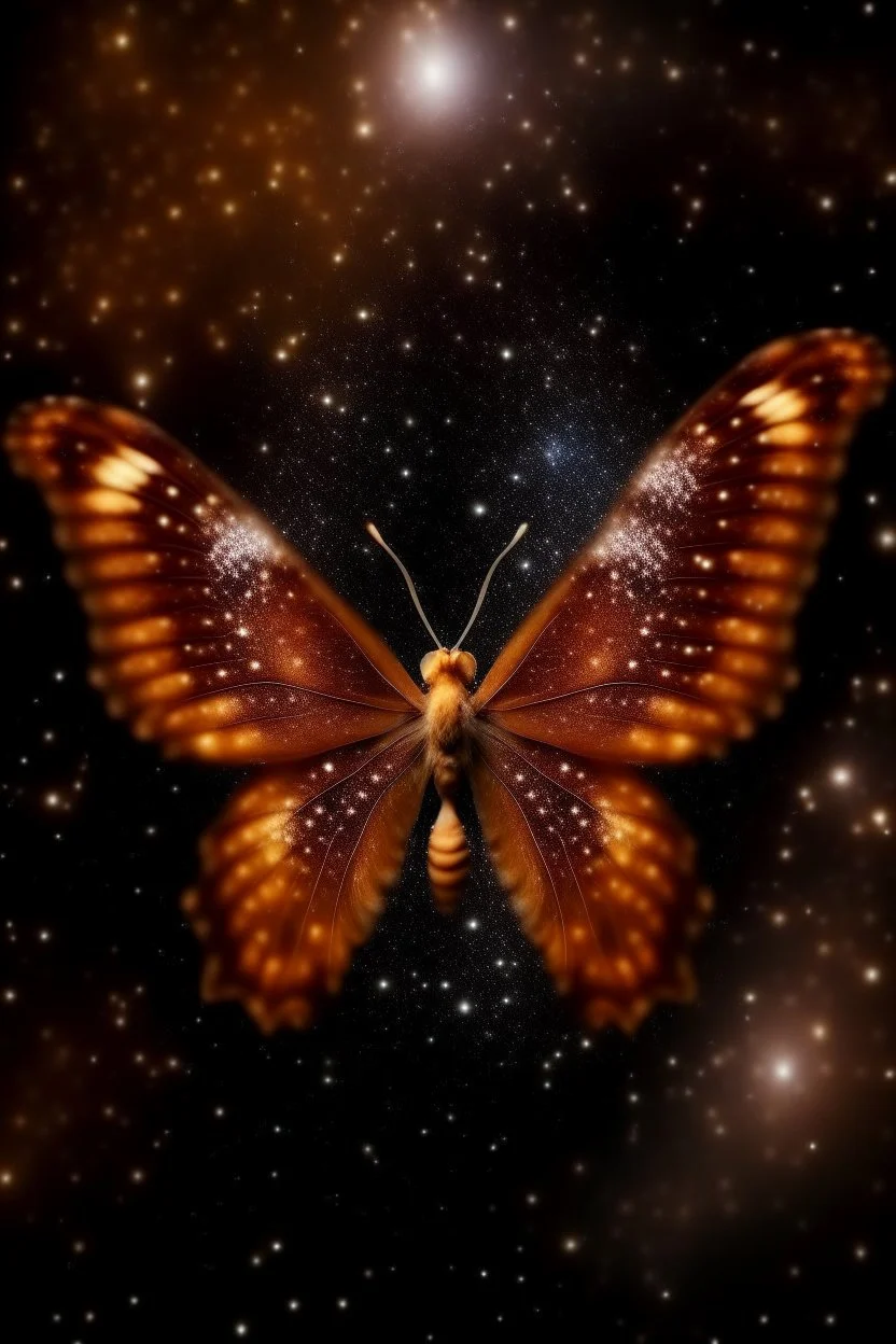 A light luminous brown butterfly in a galaxy of stars in space