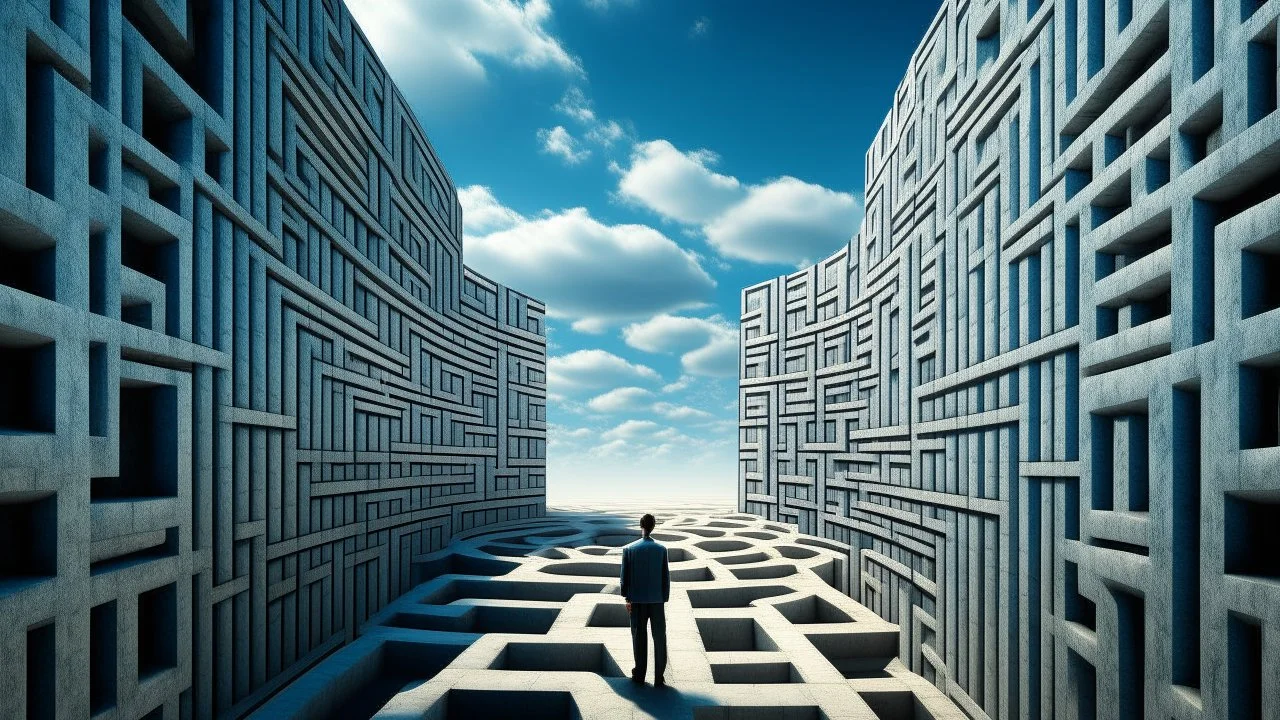 human in a labyrinth with high walls modern style in the sky