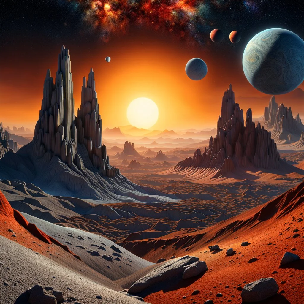 An incredibly peaceful detailed landscape, Max Ernst, one-line drawing, Haji Widayat, rock formations, planets and stars, primordial nature, sun, strong texture, extreme detail, intricate, strong colours, high resolution, volumetric light, 8k, 3d, cinematic, rich moody colors, sparkles, octane render, 55mm photography, 8k, sharp focus, volumetric light, ZBrush