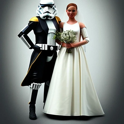 Portrait photo of a storm trooper with his beautiful wife on his wedding day