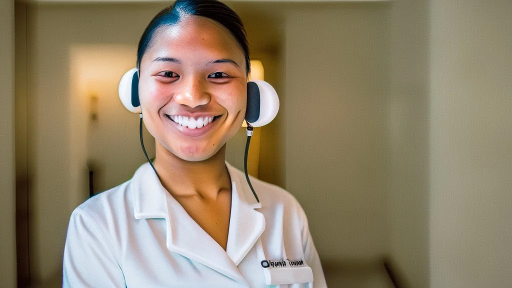 hotel housekeeping smiling holding small white earbuds