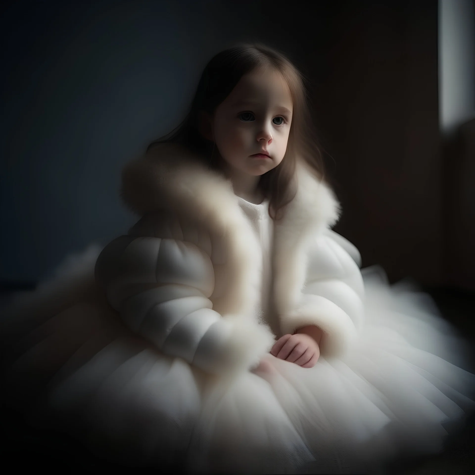 A girl, in a large puffer jacket, a white tutu skirt, resting, soft light