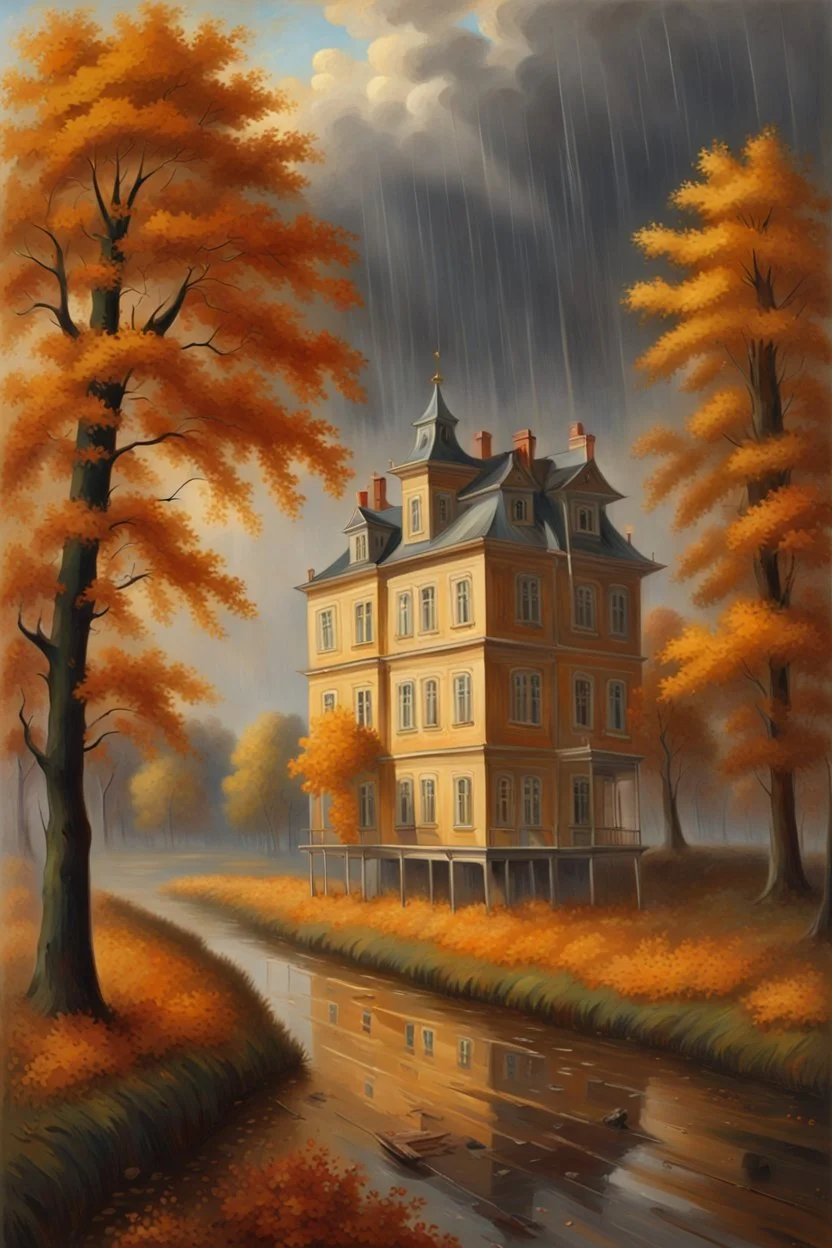 19th century. Mesmerizing, ultra-realistic nature - golden autumn, THERE IS A HEAVY downpour. In the background is a Russian manor of a landowner on one floor. The building is wooden on the 1st floor.