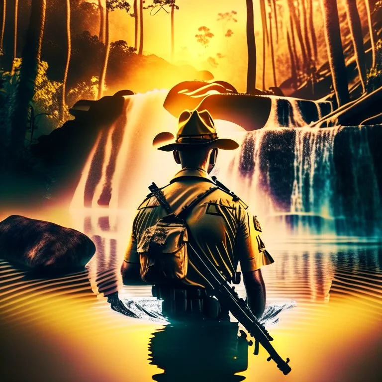 Double exposure shot of a forest ranger wearing an Australian hat and holding a shotgun against a background of a waterfall, forest and trunks floating in a river at sunset, 24K