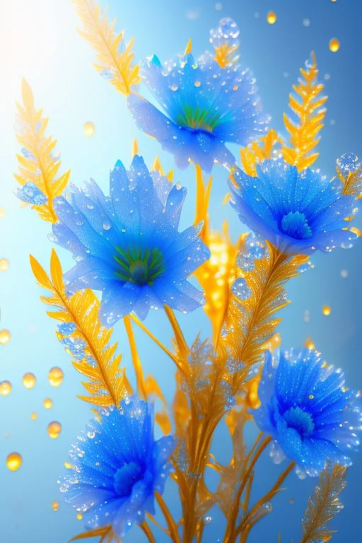 Blue flowers with dew drops, silver leaves and stems, golden ice, orange color background, glow, sun rays and glare, high detail, full detail, high resolution, glow, rendering, photorealistic, 55 mm, volumetric lighting, ray tracing, reflections studio lighting 4k poster acrylic art