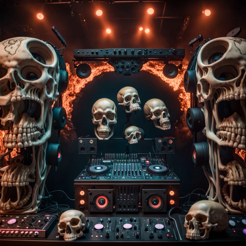 DJ of the damnded, insanely detailed DJ booth in hell, MID set, speakers and equipment made of bone, anatomically correct, add more skulls in th audience, photorealism, vray, 8k 3d, woofers in all empty eye sockets of stage equipment, wide angle, telephoto, from audience, all multicolored skulls,