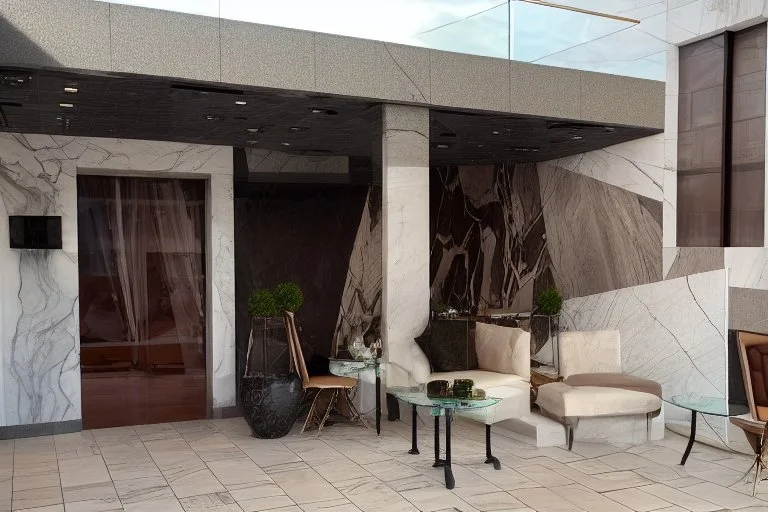 bookmatch effect marble on the wall of a luxury hotel with a rooftop pool. there are many tourists on the sunny patio