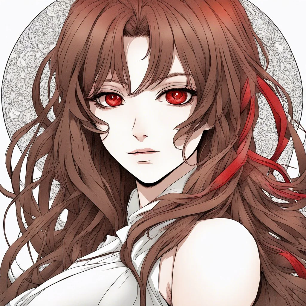 A confident modern woman with long brown hair and red eyes, colored manga style, intricately detailed