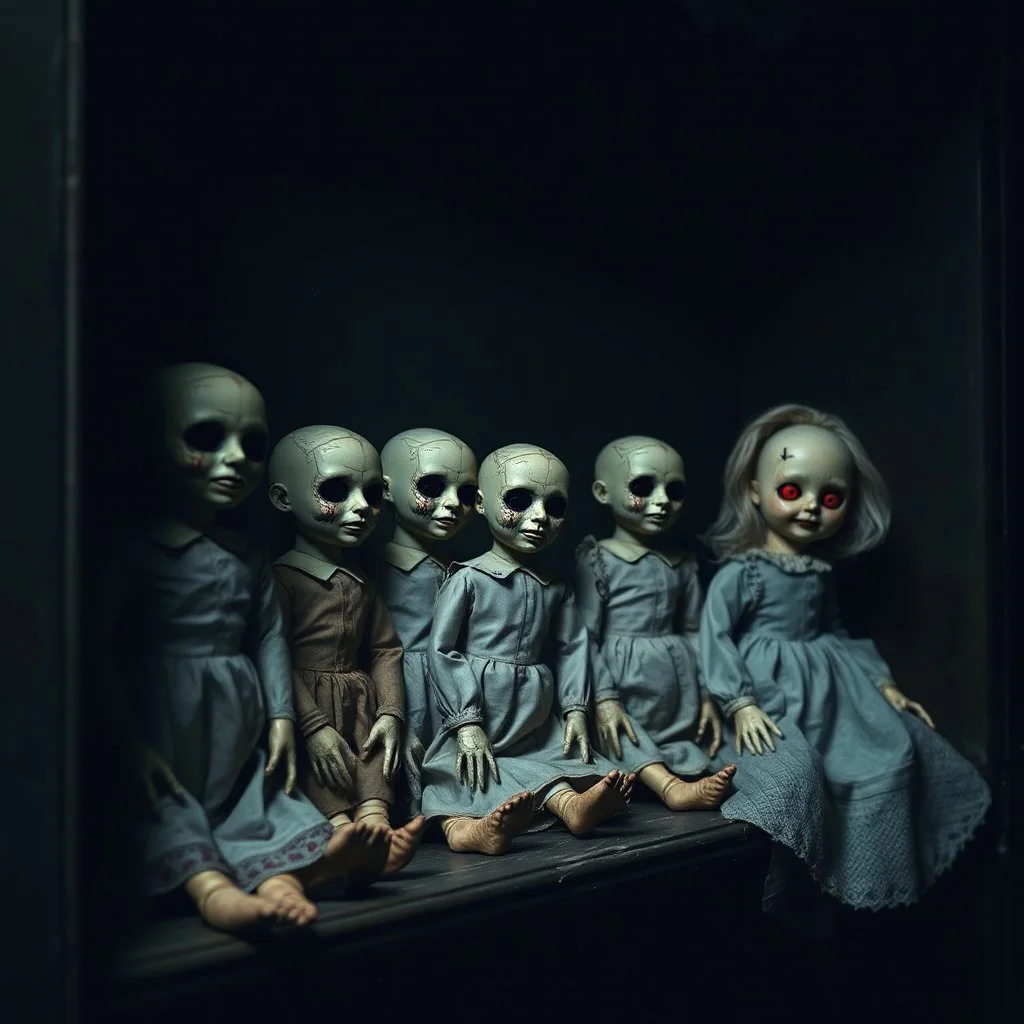 In a dark shadowy derelict Victorian drawing room, a eerie display of gaunt Victorian-dressed creepy expressionless cracked porcelain dolls are lined up of a shelf their presence eerie and foreboding. However, in a juxtaposition a single doll is smiling with red eyes, reminiscent of the macabre images of Brom, imbued with the mystical, evil quality, atmosphere is heavy with malevolent intent, photorealistic with meticulous attention to texture and atmosphere.