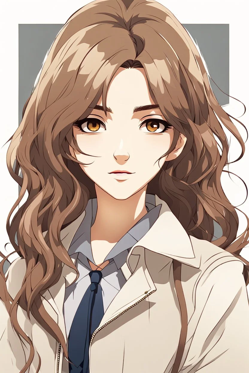 attractive anime woman with brown long hair, modern clothes, full body in frame