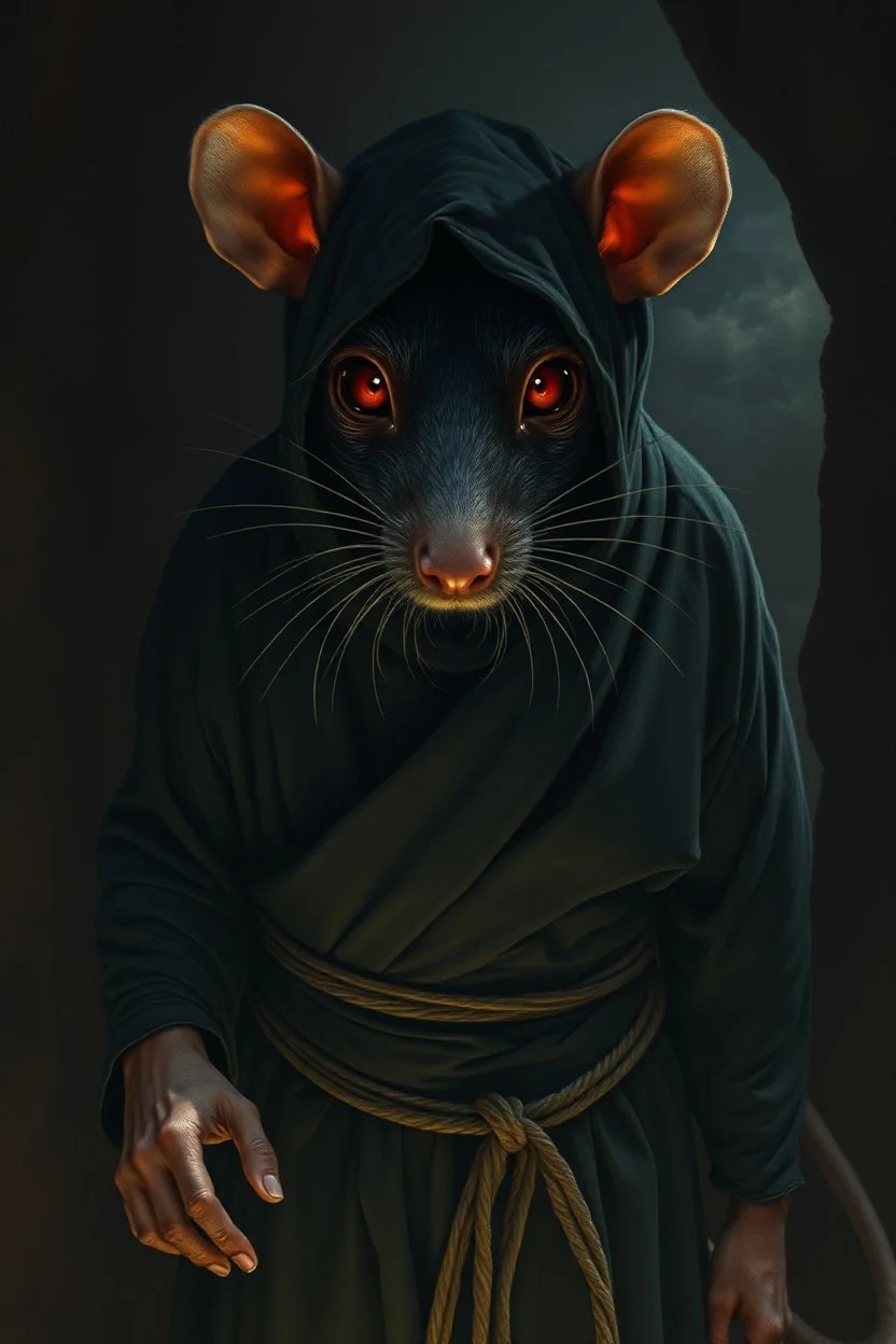 the yoga rat man, big black iris eyes with yellow glints, ou’re looking at someone who doesn’t just walk into shadows—they belong to them. The black robes cling like a second skin, the belt tied tight with gold thread that catches the light only when he moves. His face is wrapped, but not hidden—his eyes glow like embers, red and steady, as if he’s already seen what waits inside the cave. The tail curls behind him, not in fear, but in readiness. He doesn’t need a torch, by Rembrandt