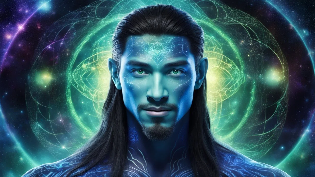 beautiful gorgeous young man na'vi with long hair, Avatar, blue skin, two small ears, green eyes, black hair, in cosmic suit, galactic ambiance, medium pointy goatee , smiling, nebulas and sacred geometry light figures on the backgroud,