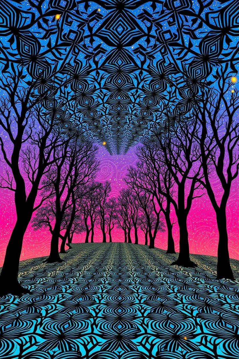 Cosmological escape route; undersides of pretty colors covered in repeating black optical patterns inspired by M.C. Escher with interlocking geometric tessellations that transition from abstract shapes into the forms of flowers and trees in nature