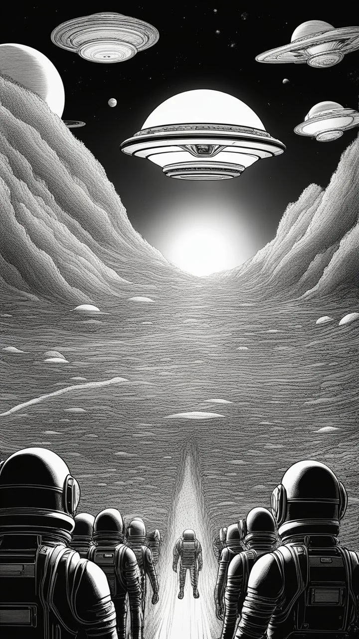 A land filled with hundreds of aliens in a bright light at the end of the picture a huge spacecraft object hovering above , cinematic, 8k, in black and white, fine line draw