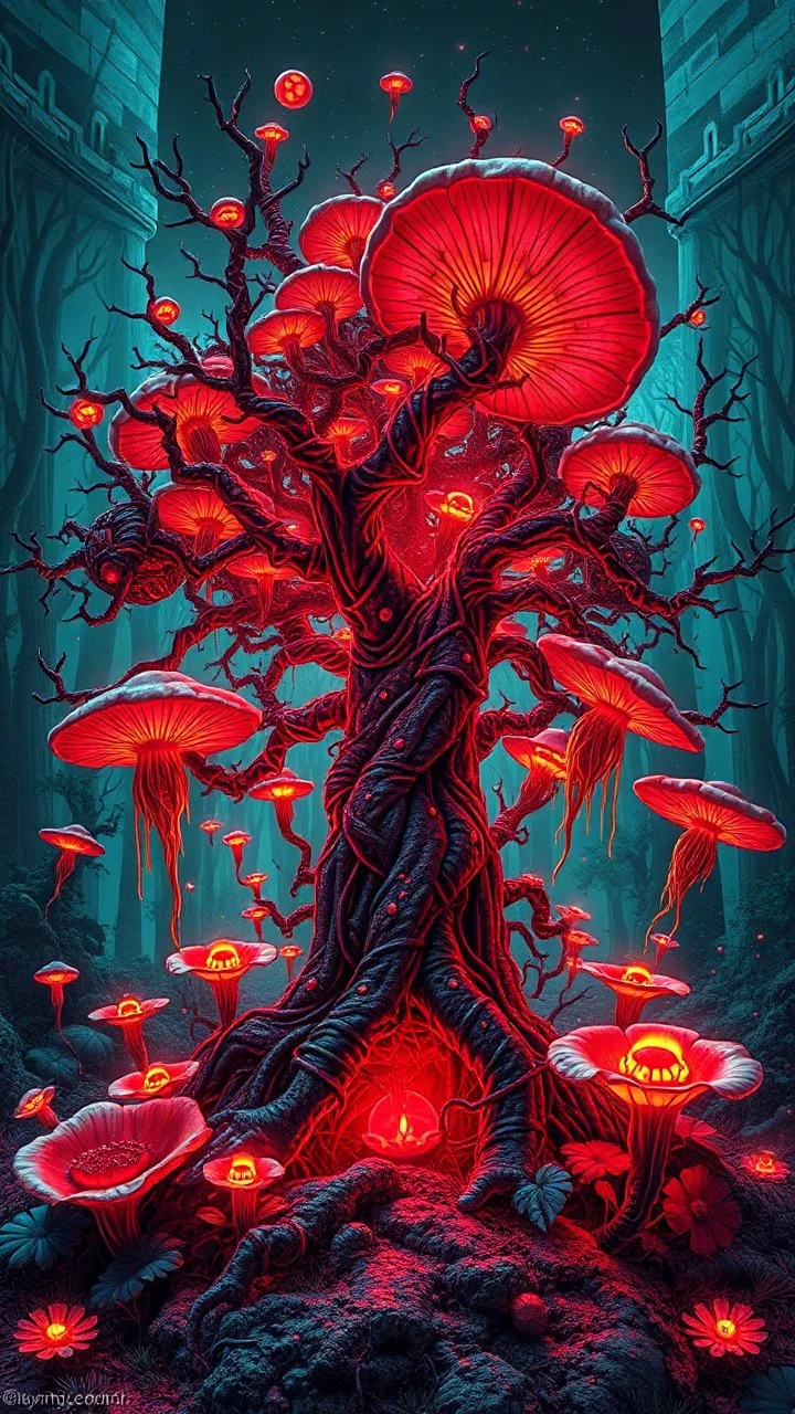 Quintessential Horror Surrealism:A cyber-a tree catastrophic dimensional fission through Seedream 3D recursive rendering, fracturing into chaos Legion Doodle simultaneous nightmare realities while simultaneously occupying four perforated reality levels—manifests as a blood-drenched forest where trees weep crimson sap and bioluminescent fungi pulse with recursive Fibonacci patterns, surrounded by carnivorous flowers with fanged mouths dripping neon venom; mat