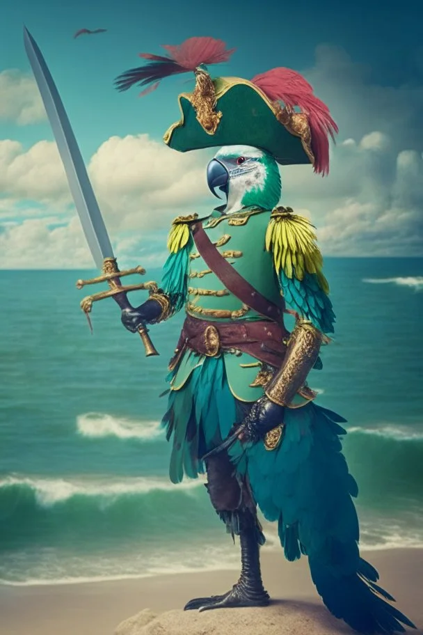 Half parrot half human in a 1700s military uniform holding a sword next to the ocean