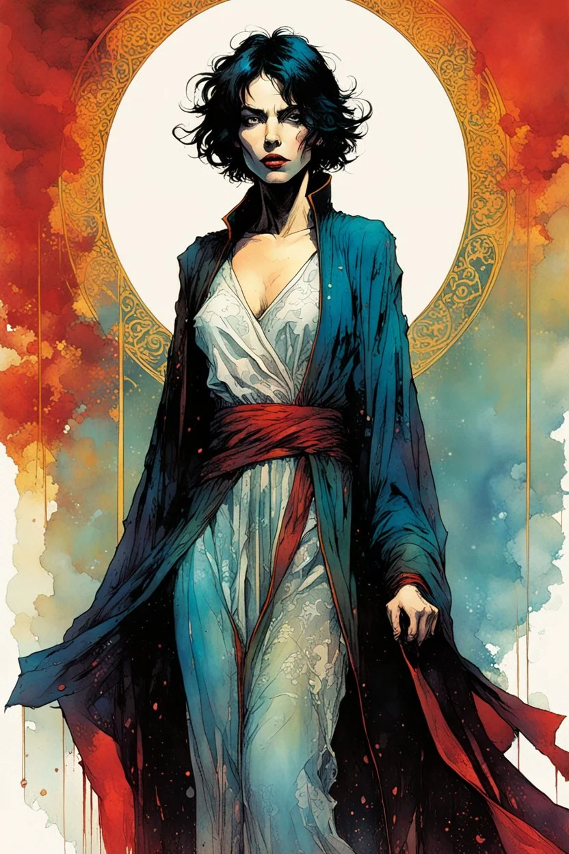 create a wildly imaginative full body portrait of an ethereal, otherworldly , medieval female vampire sorceress with extremely short hair in ragged ornate robes , in the comic book art style of Bill Sienkiewicz, Mike Mignola, and Jean Giraud Moebius, with highly detailed feminine facial features , finely drawn, colored and inked,