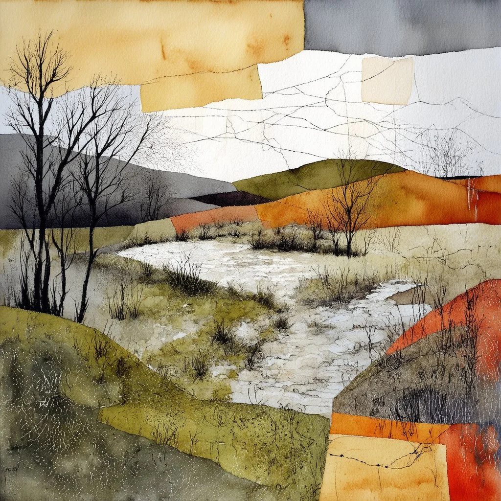 autumn landscape in patchwork, soft and delicate watercolor, with added electronic wires, patina of ancient stone with moss, art brut, moody, somber, desaturated colors, in the style of Paul Klee, Arthur Rackham