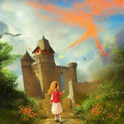  Castle into sky, with flowers of fire. Green clouds and birds. Shy girl going out of the main gate. Detailed painting, sharp color, medieval, intricate detail, far sceen, realistic colors, medieval concept art. spring.