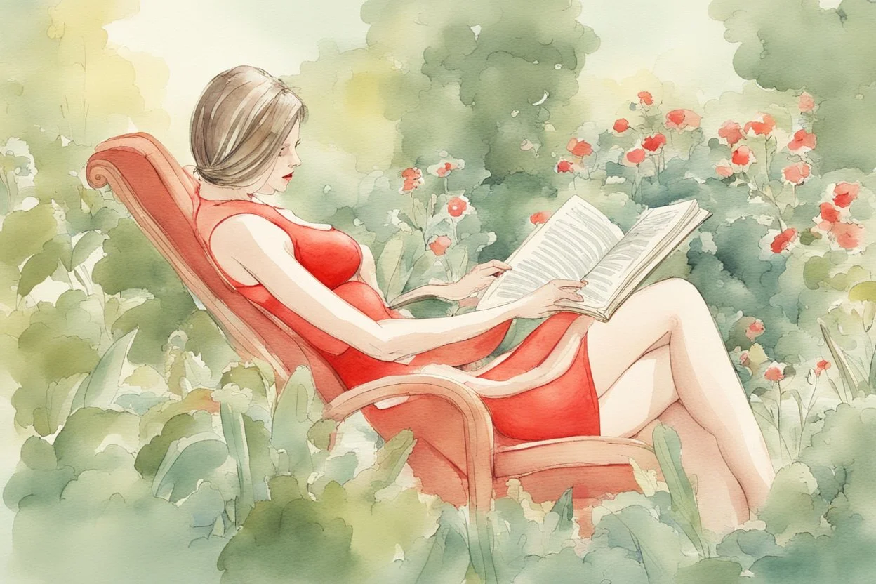 woman in red swimsuit reading a book in a beautiful garden in sunshine style Vittorio Giardino, stylized pen drawing and watercolor